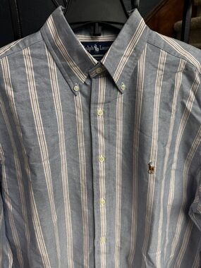 New 15 1/2 34 Ralph Lauren Men’s Gray-Blue Striped Button-Down Shirt Yarmouth